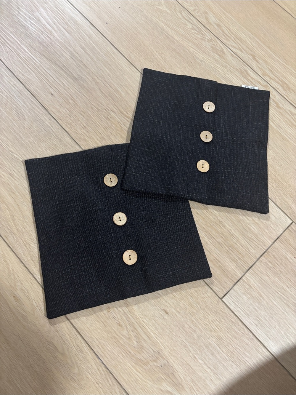 Set of Two Black Fabric pillow covers with Wooden Buttons